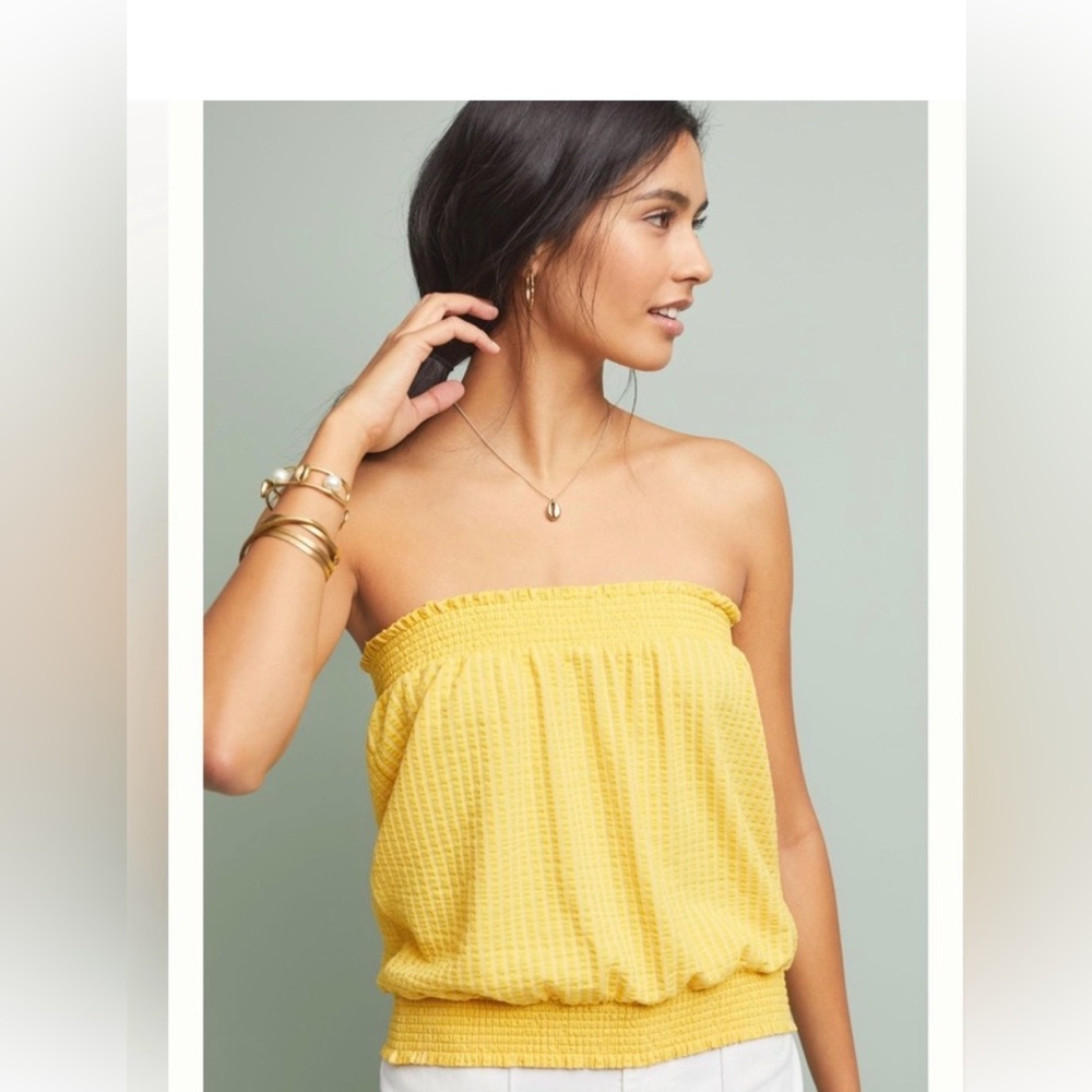 Anthropologie yellow seersucker strapless top size M